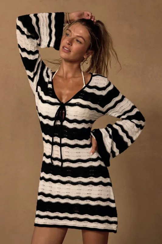 Elora Black and White Striped Crochet Tie-Front Swim Cover-Up sold by Lulus