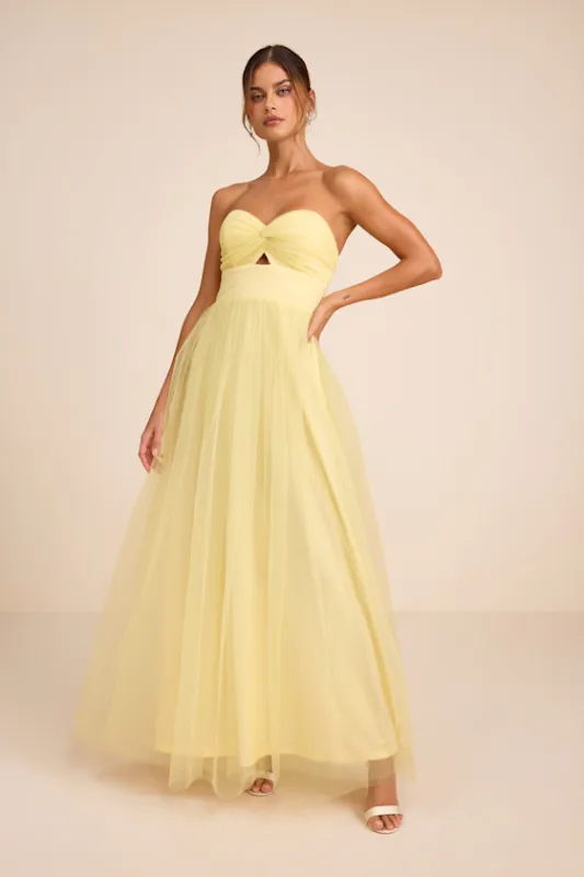Lyssa Pale Yellow Tulle Strapless Cutout Maxi Dress sold by Lulus
