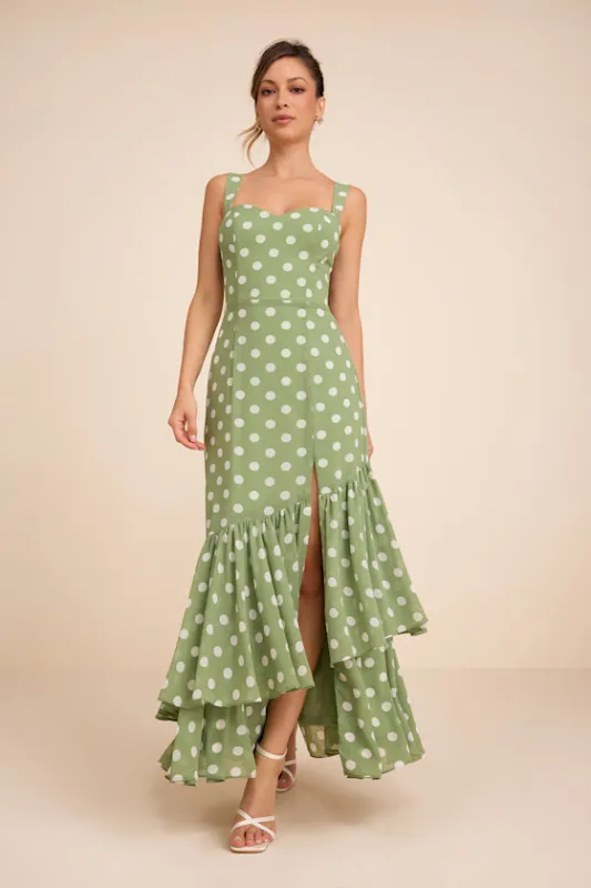 Raynelle Light Green Polka Dot Lace-Up Tiered Maxi Dress made by Lulus