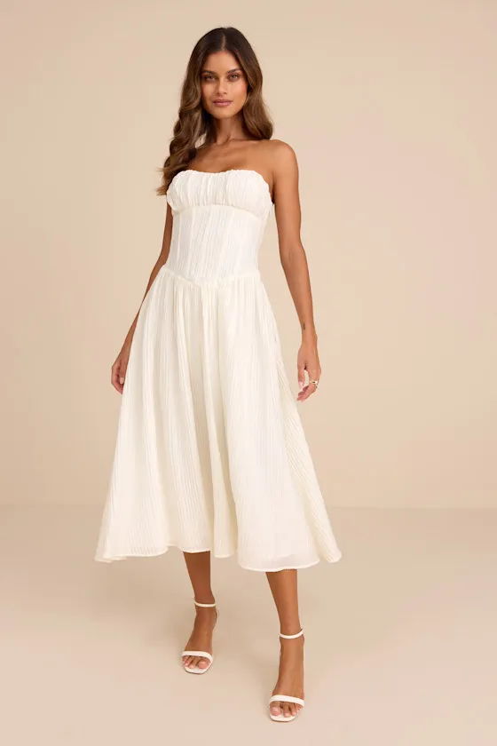 Aspen Ivory Plisse Strapless Bustier Midi Dress sold by Lulus