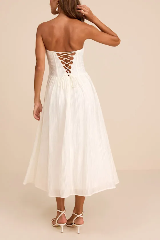 Aspen Ivory Plisse Strapless Bustier Midi Dress sold by Lulus product image thumbnail 3