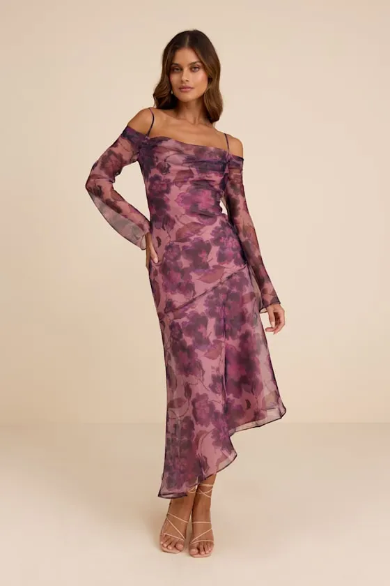 Pia Mauve Purple Floral Asymmetrical Midi Dress sold by Lulus