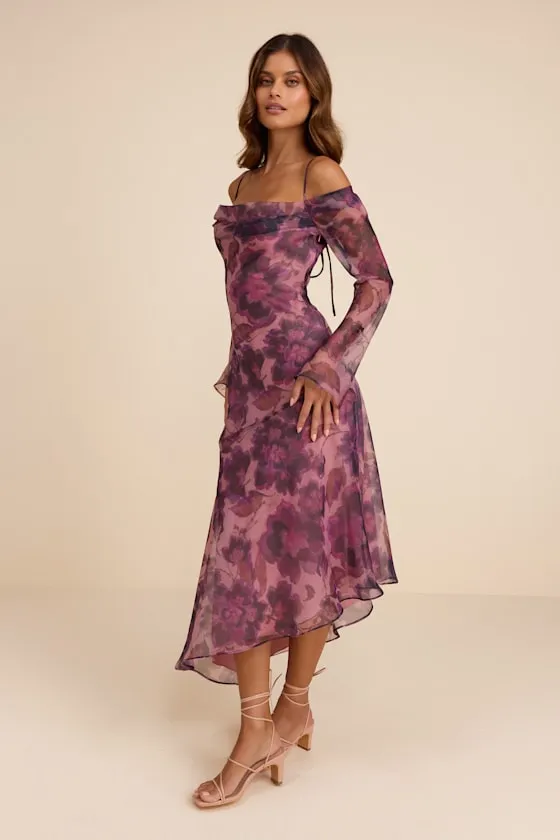 Pia Mauve Purple Floral Asymmetrical Midi Dress sold by Lulus product image thumbnail 4