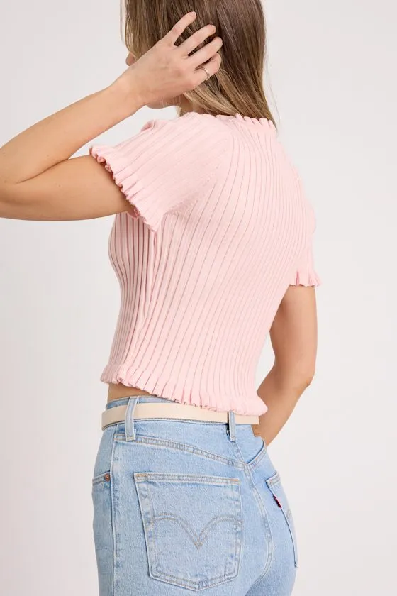 Keighlen Light Pink Ribbed Ruffled Short Sleeve Sweater Top sold by Lulus product image thumbnail 2