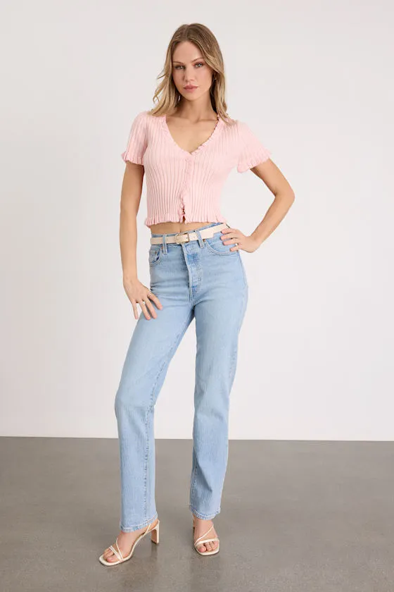 Keighlen Light Pink Ribbed Ruffled Short Sleeve Sweater Top sold by Lulus product image thumbnail 3