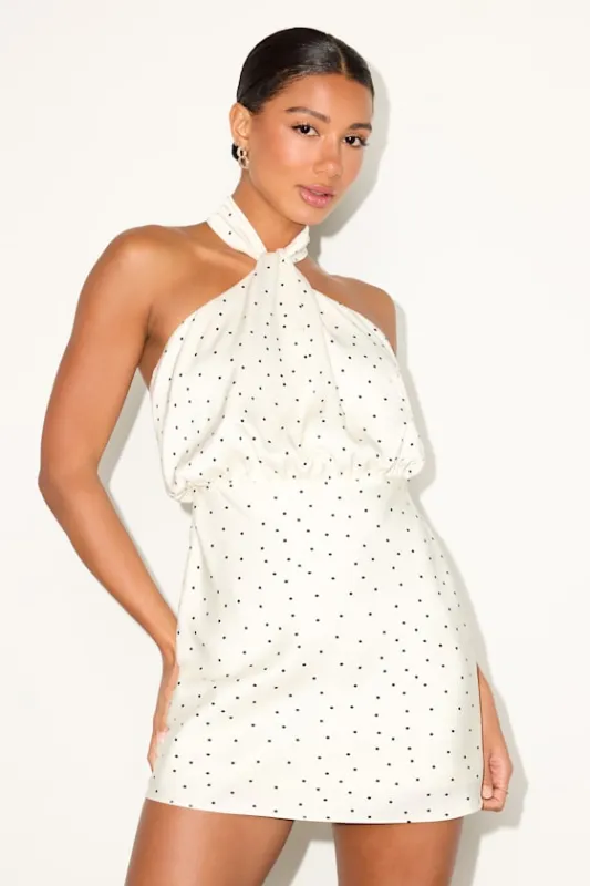 Sleek Essence White Polka Dot Satin Halter Sleeveless Mini Dress sold by Lulus