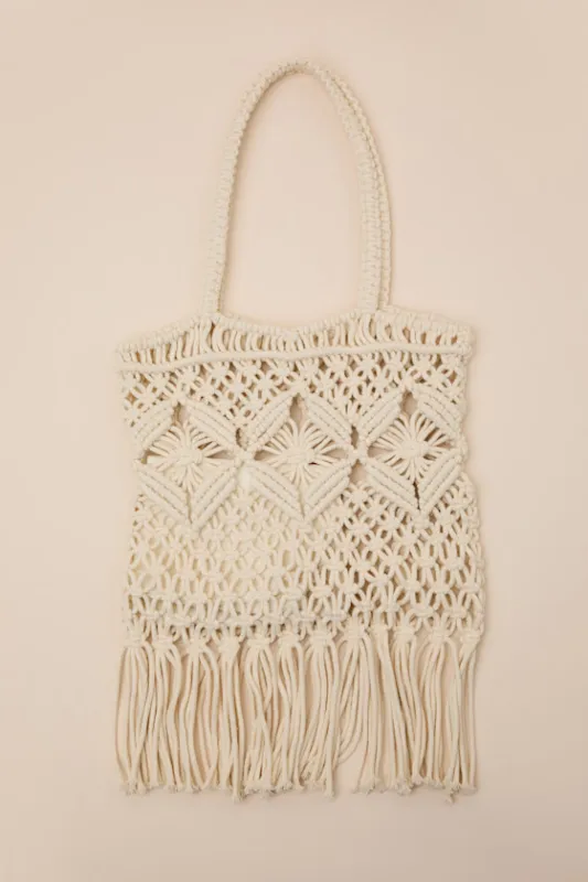 Cambria Ivory Macrame Fringe Tote Bag sold by Lulus