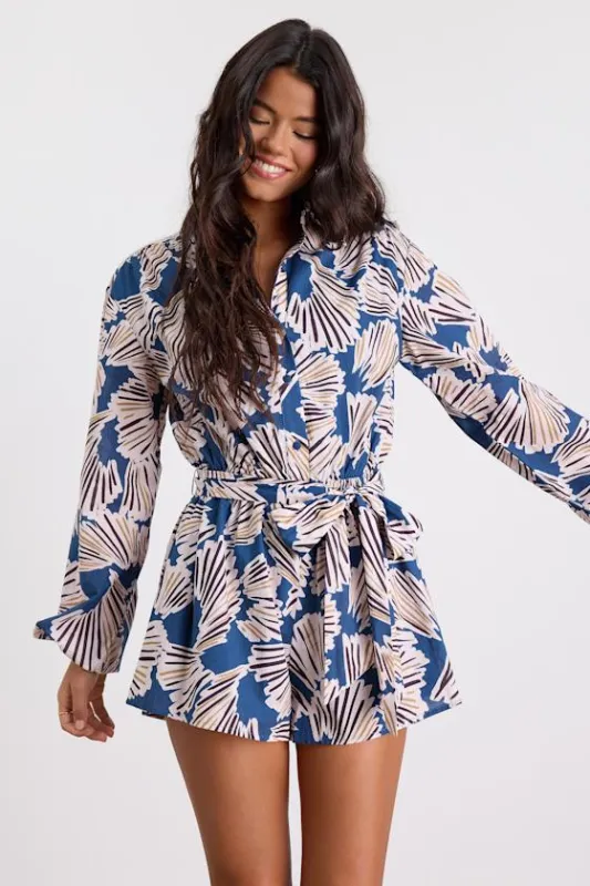 Dimora Blue Abstract Print Long Sleeve Collared Romper sold by Lulus