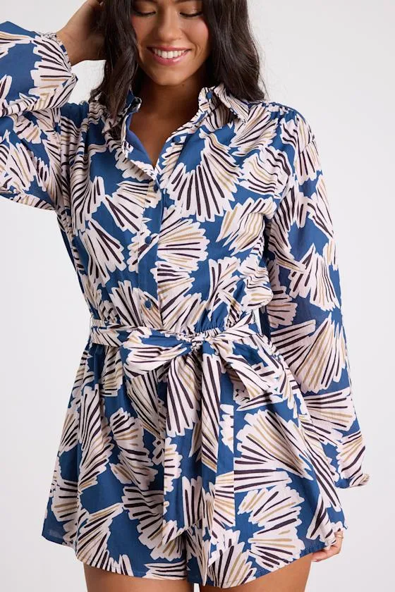 Dimora Blue Abstract Print Long Sleeve Collared Romper sold by Lulus product image thumbnail 2