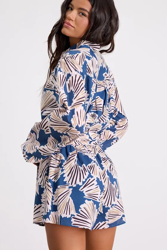 Dimora Blue Abstract Print Long Sleeve Collared Romper sold by Lulus product image thumbnail 3