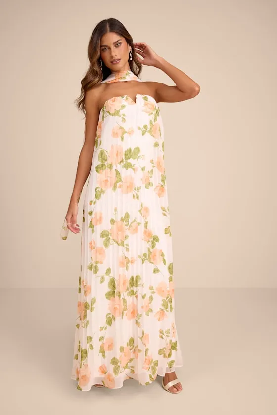 Lael White Floral Pleated Strapless Dress and Scarf Set sold by Lulus