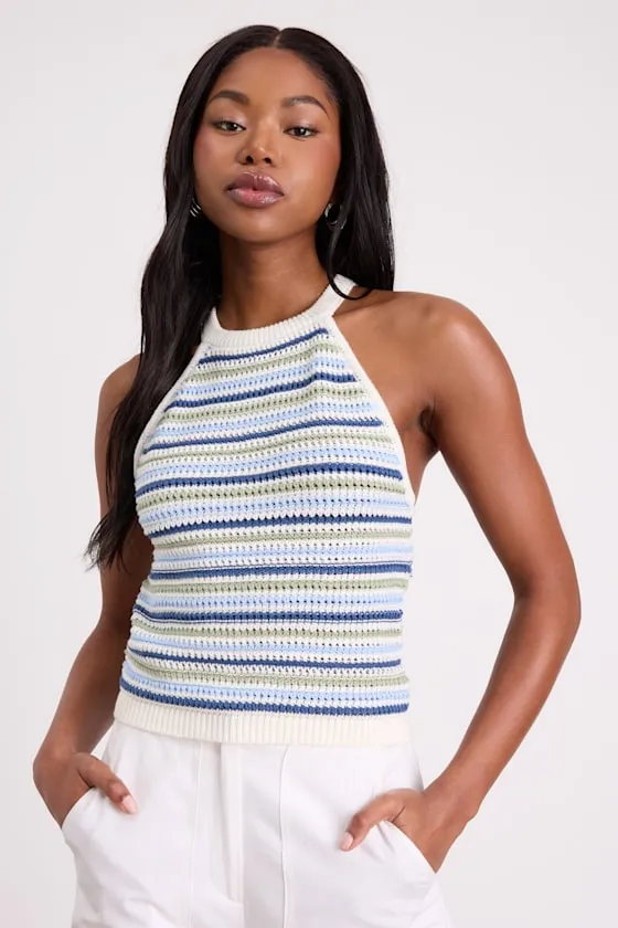 Farida Ivory and Blue Striped Crochet Tank Top sold by Lulus