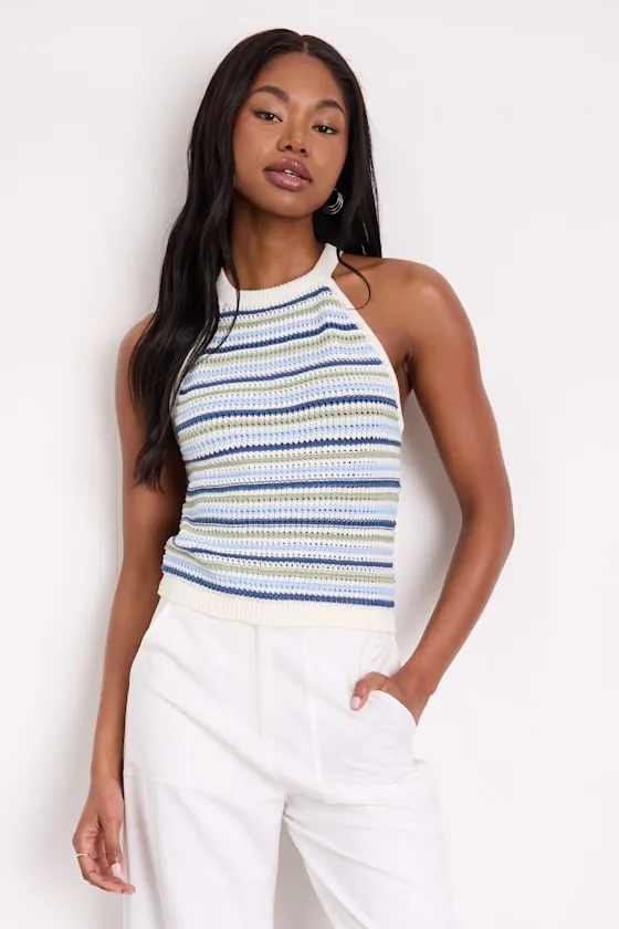 Farida Ivory and Blue Striped Crochet Tank Top sold by Lulus product image thumbnail 4