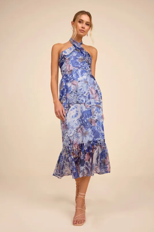 Juno Blue Multi Floral Halter Trumpet Midi Dress made by Lulus