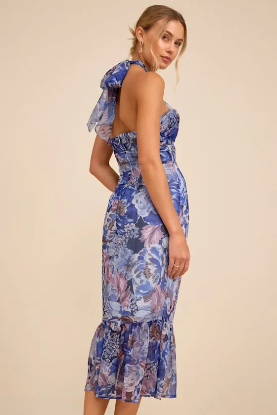 Juno Blue Multi Floral Halter Trumpet Midi Dress sold by Lulus product image thumbnail 3
