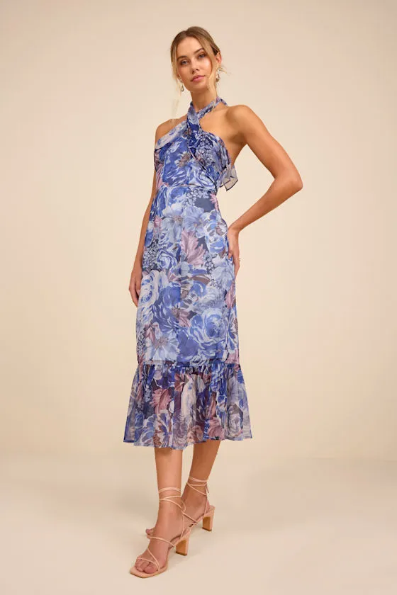 Juno Blue Multi Floral Halter Trumpet Midi Dress sold by Lulus product image thumbnail 4
