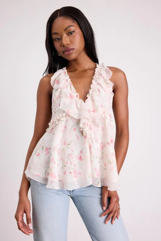 Sashi Ivory Floral Ruffled Tank Top sold by Lulus