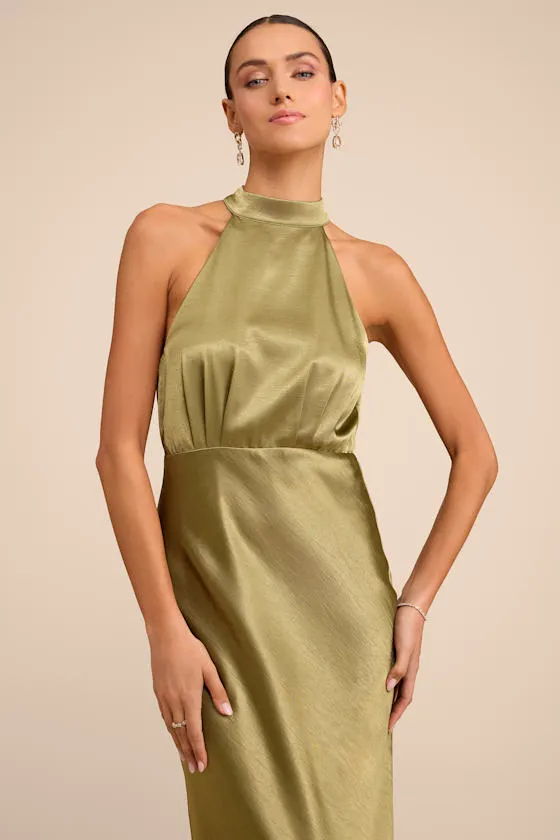 Sevinia Olive Green Satin Mock Neck Sleeveless Maxi Dress sold by Lulus product image thumbnail 3