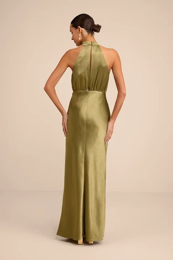 Sevinia Olive Green Satin Mock Neck Sleeveless Maxi Dress sold by Lulus product image thumbnail 4
