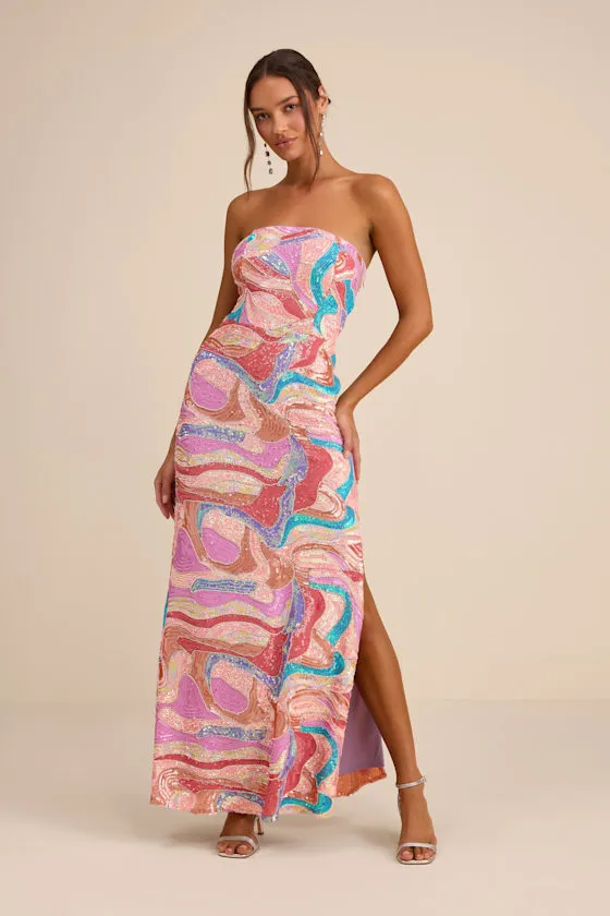 Kera Pink Multi Sequin Strapless Maxi Dress sold by Lulus product image thumbnail 3