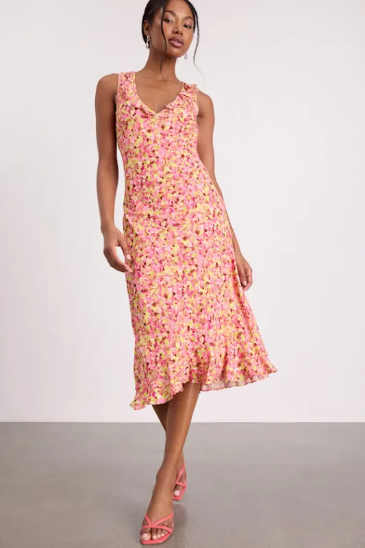 Renea Pink Multi Floral Ruffled Sleeveless Midi Dress sold by Lulus