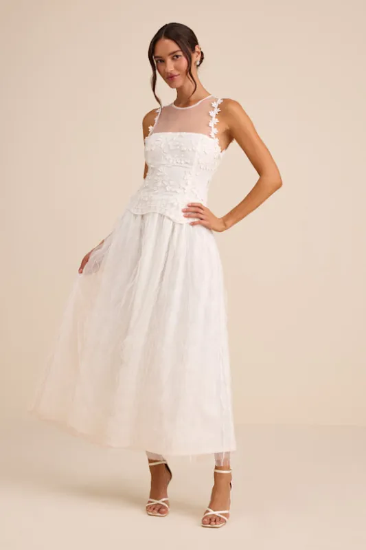 Bina White Embroidered Sleeveless Midi Dress sold by Lulus