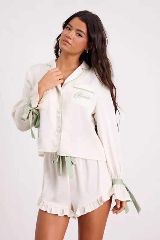 Kelda Ivory and Sage Satin Embroidered Two-Piece Pajama Set sold by Lulus