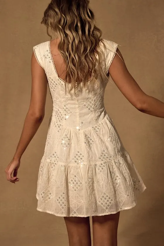 Antionette Cream Embroidered Sequin Button-Front Mini Dress sold by Lulus product image thumbnail 3