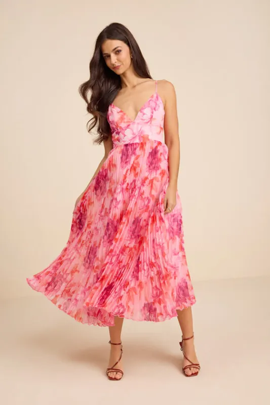 Sincerely Gorgeous Pink Multi Floral Pleated Midi Dress sold by Lulus