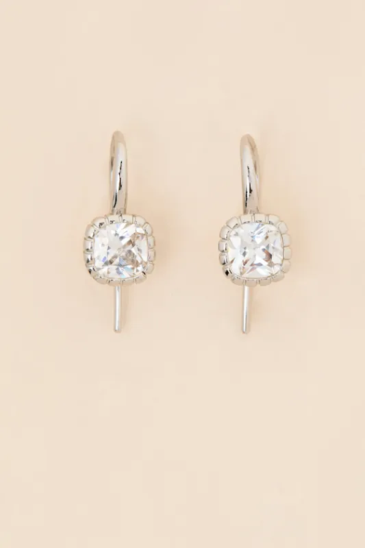 The Classique Silver Cushion Rhinestone Earrings sold by Lulus