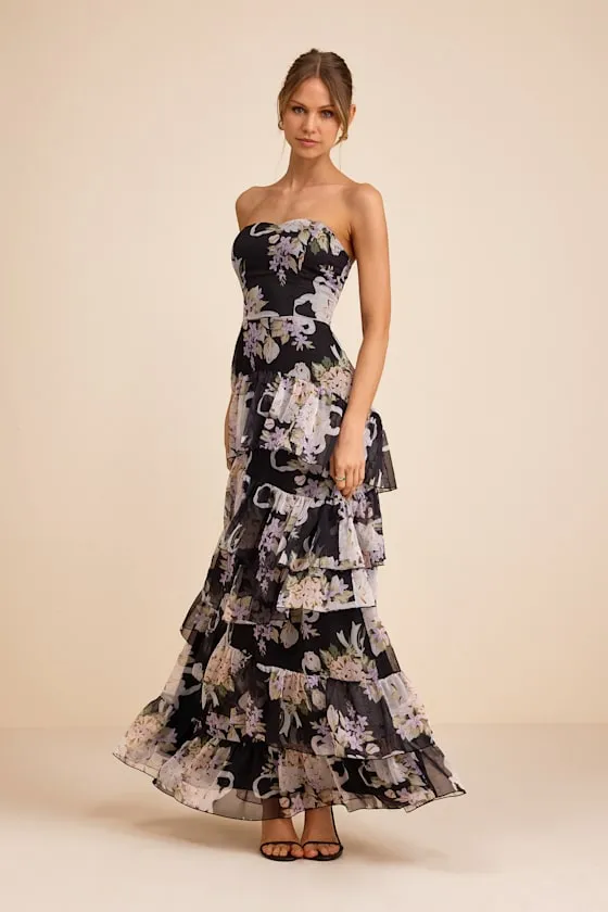 Niyati Black Floral Strapless Tiered Maxi Dress sold by Lulus