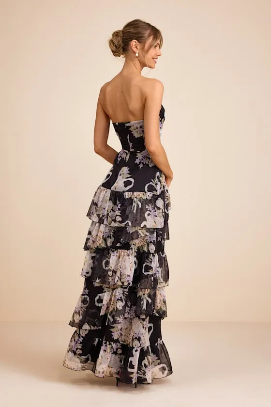 Niyati Black Floral Strapless Tiered Maxi Dress sold by Lulus product image thumbnail 3