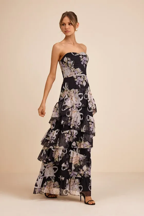 Niyati Black Floral Strapless Tiered Maxi Dress sold by Lulus product image thumbnail 4