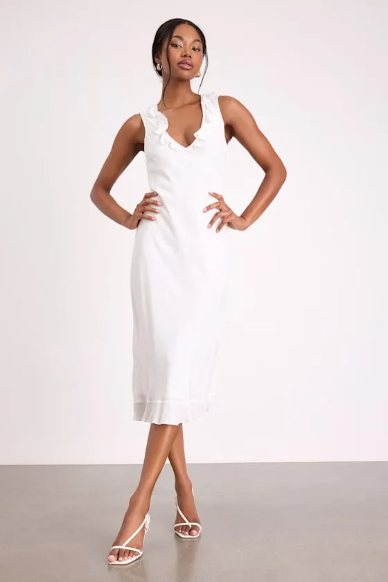 Renea White Ruffled Sleeveless Midi Dress sold by Lulus