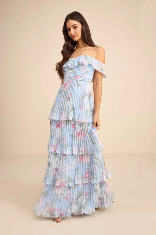 Always Remarkable Light Blue Floral Off-the-Shoulder Maxi Dress made by Lulus
