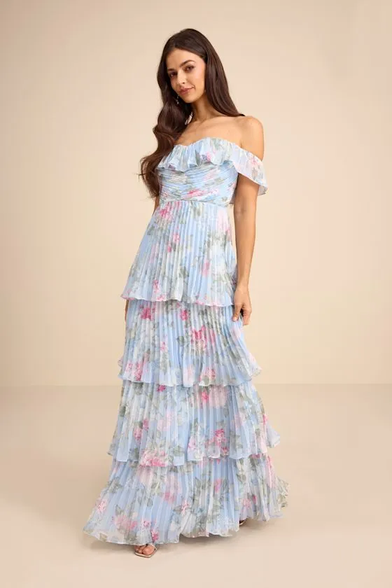 Always Remarkable Light Blue Floral Off-the-Shoulder Maxi Dress sold by Lulus