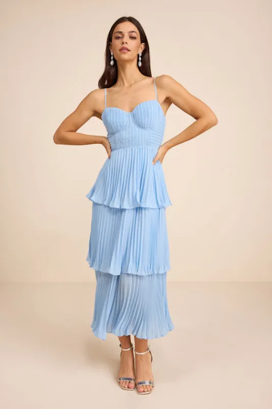 Cascading Crush Light Blue Tiered Bustier Midi Dress sold by Lulus