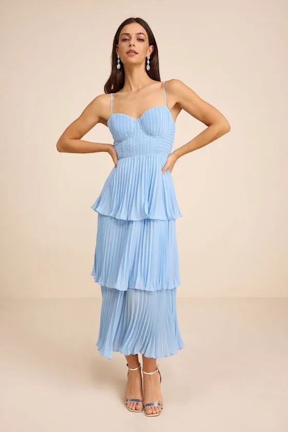 Cascading Crush Light Blue Tiered Bustier Midi Dress sold by Lulus