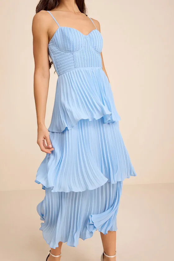 Cascading Crush Light Blue Tiered Bustier Midi Dress sold by Lulus product image thumbnail 2