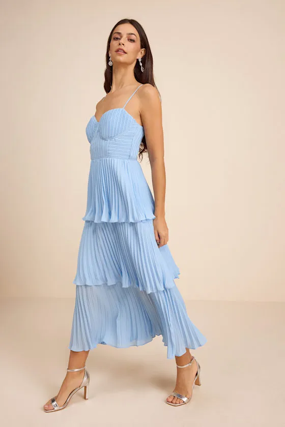 Cascading Crush Light Blue Tiered Bustier Midi Dress sold by Lulus product image thumbnail 4