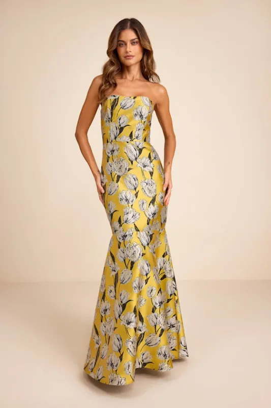Gowning Around Yellow Floral Jacquard Strapless Maxi Dress sold by Lulus