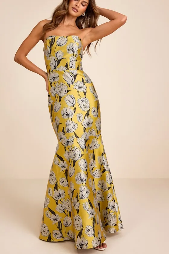 Gowning Around Yellow Floral Jacquard Strapless Maxi Dress sold by Lulus product image thumbnail 2