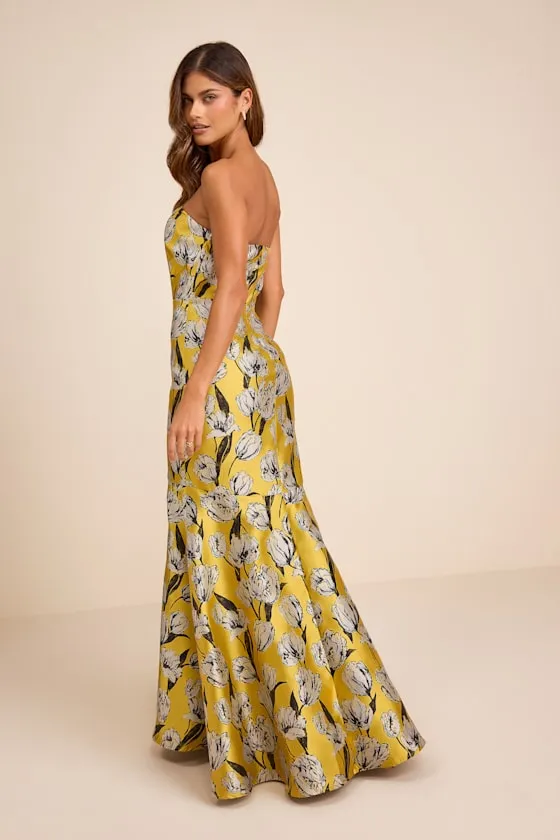 Gowning Around Yellow Floral Jacquard Strapless Maxi Dress sold by Lulus product image thumbnail 3