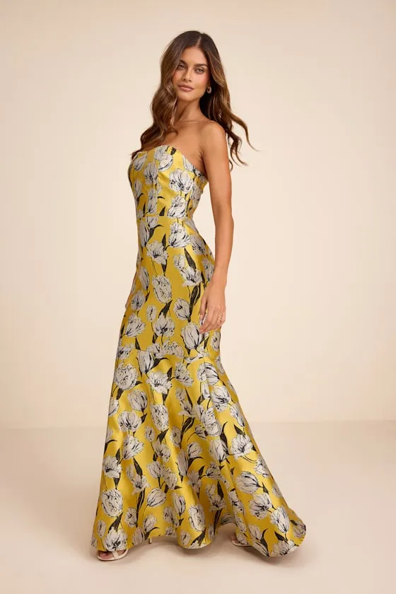 Gowning Around Yellow Floral Jacquard Strapless Maxi Dress sold by Lulus product image thumbnail 4