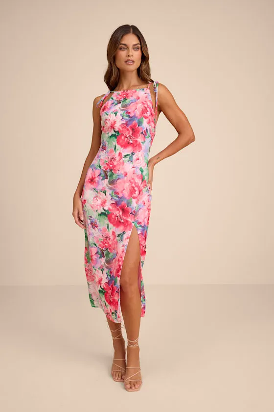 Rebecca Pink Multi Floral Tie-Strap Column Midi Dress sold by Lulus