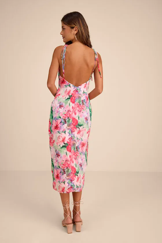 Rebecca Pink Multi Floral Tie-Strap Column Midi Dress sold by Lulus product image thumbnail 3