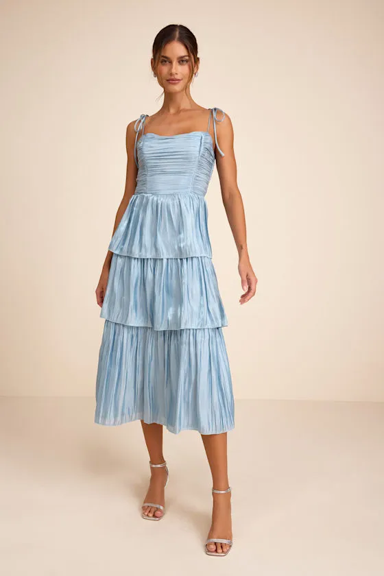Tennon Dusty Blue Plisse Tiered Midi Dress sold by Lulus