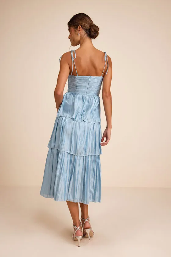 Tennon Dusty Blue Plisse Tiered Midi Dress sold by Lulus product image thumbnail 3