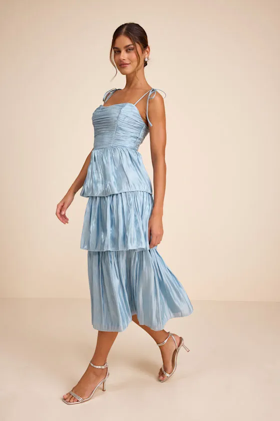 Tennon Dusty Blue Plisse Tiered Midi Dress sold by Lulus product image thumbnail 4