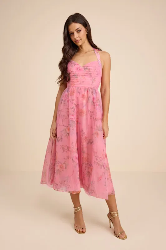 Nisha Pink Floral Organza Halter Midi Dress sold by Lulus